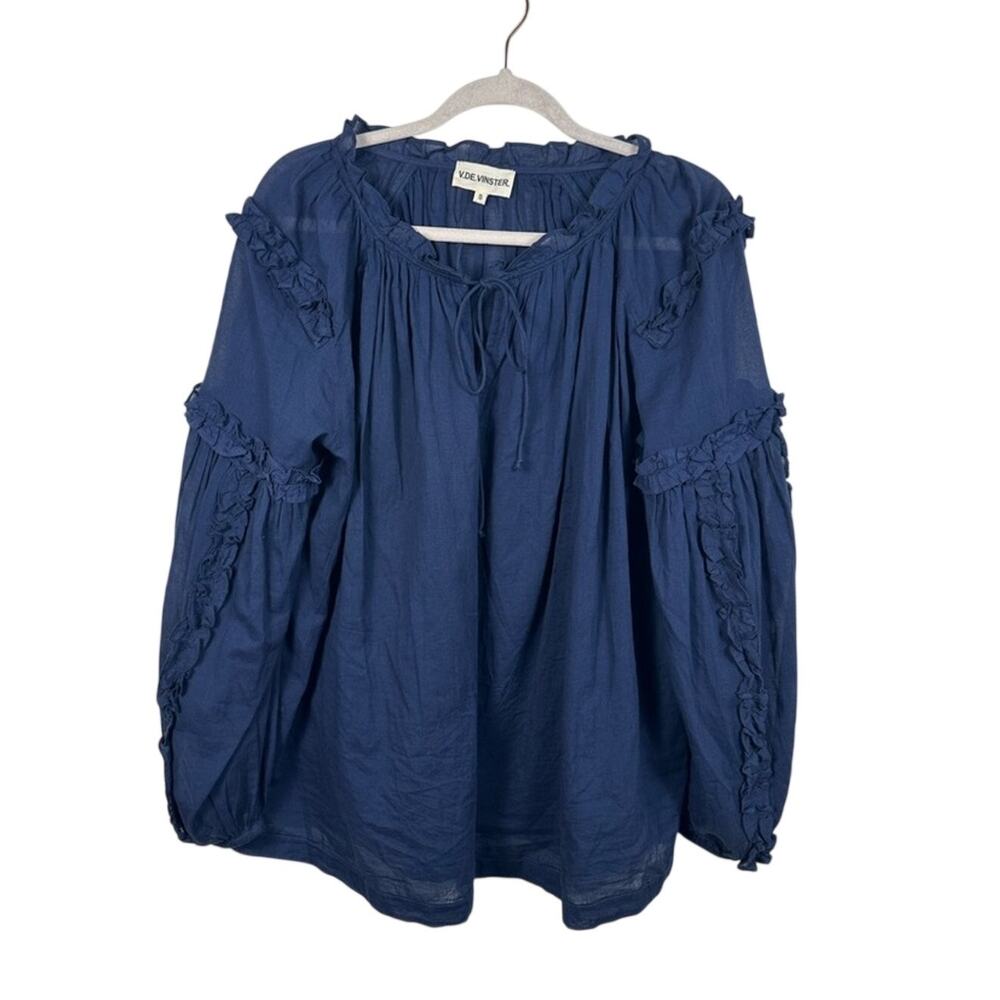 V De Vinster Womens Navy Ruffle Blouse Small Cotton Oversized Boho Prairie‎ EUC